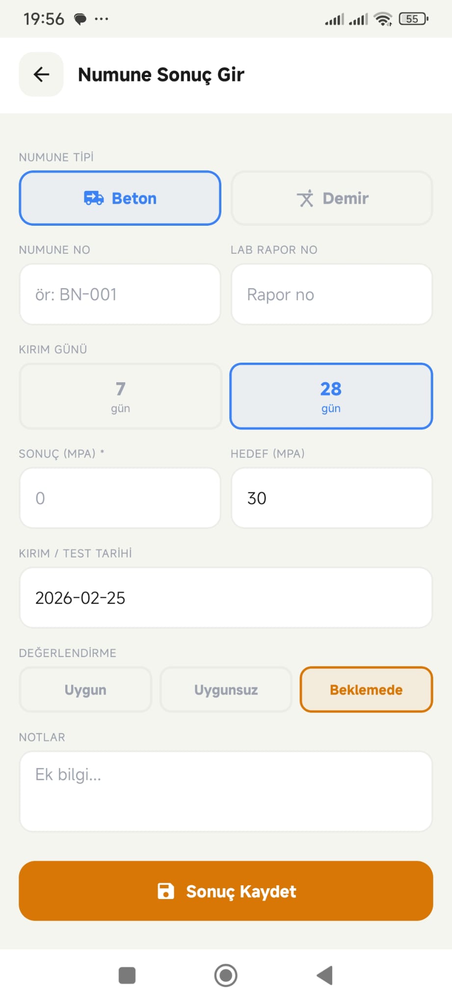 Numune Sonuçları Ekran Görüntüsü